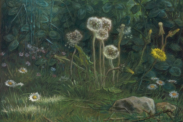 Painting of dandelions and flowers in forest
